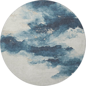 HomeRoots 8' Navy Blue and Ivory Abstract Round Rug - Washable, UV Protected, Stylish for Modern Living Spaces 701596