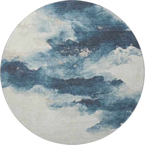 HomeRoots 8' Navy Blue and Ivory Abstract Round Rug - Washable, UV Protected, Stylish for Modern Living Spaces 701596