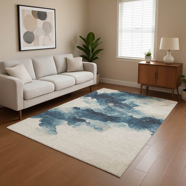 HomeRoots 8' X 10' Elegant Navy Blue and Ivory Abstract Washable Area Rug with Stain Resistance & UV Protection 701597