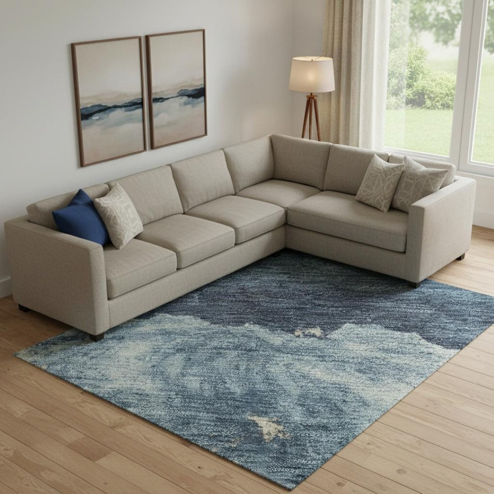 HomeRoots 10' X 14' Navy Blue & Ivory Abstract Area Rug - Washable, UV Protected, Non-Slip, Perfect for Families! 701599