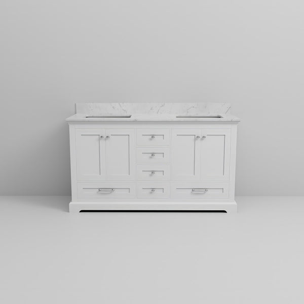 English Elm White Double Vanity With Carrara Marble Top, Elegant Design, Ample Storage, Soft-Close Drawers B2731P258234-GIGA