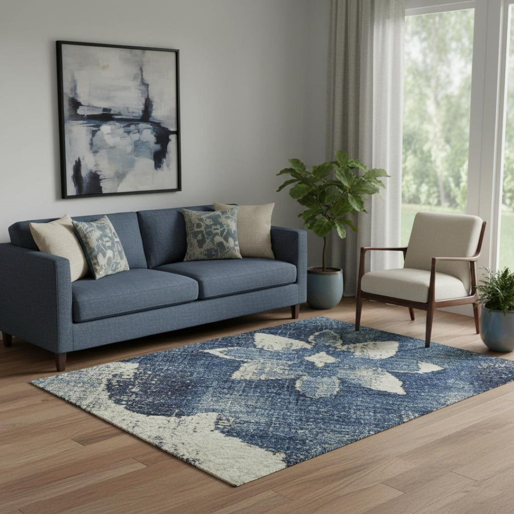 HomeRoots 5' X 8' Navy Blue & Ivory Floral Area Rug – Stain Resistant, UV Protected, Perfect for High Traffic Areas! 701601