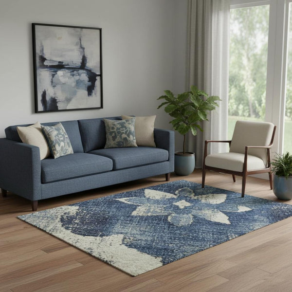 HomeRoots 5' X 8' Navy Blue & Ivory Floral Area Rug – Stain Resistant, UV Protected, Perfect for High Traffic Areas! 701601
