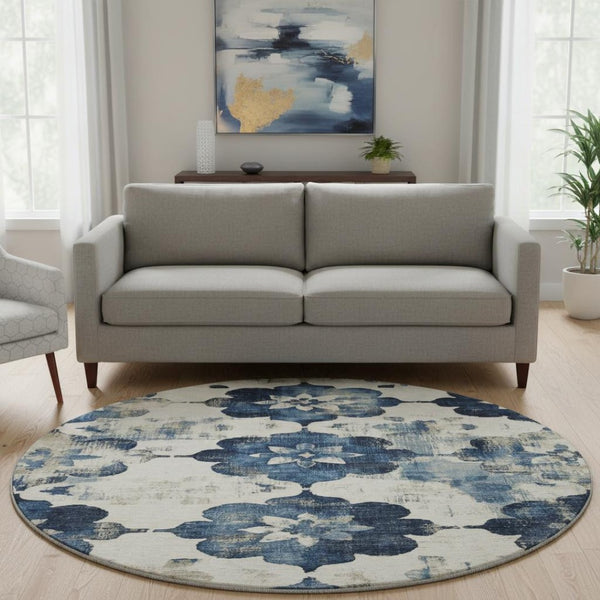 HomeRoots 8' Navy Blue Floral Round Washable Rug with UV Protection - Durable, Stain Resistant, Stylish Design 701602