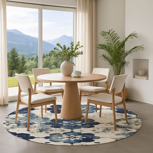 HomeRoots 8' Navy Blue Floral Round Washable Rug with UV Protection - Durable, Stain Resistant, Stylish Design 701602