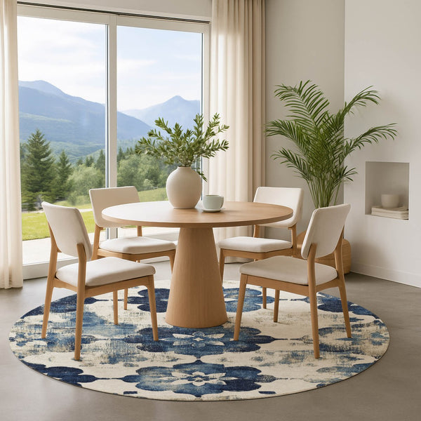 HomeRoots 8' Navy Blue Floral Round Washable Rug with UV Protection - Durable, Stain Resistant, Stylish Design 701602