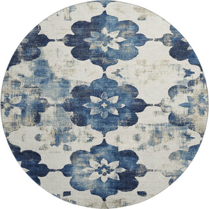 HomeRoots 8' Navy Blue Floral Round Washable Rug with UV Protection - Durable, Stain Resistant, Stylish Design 701602