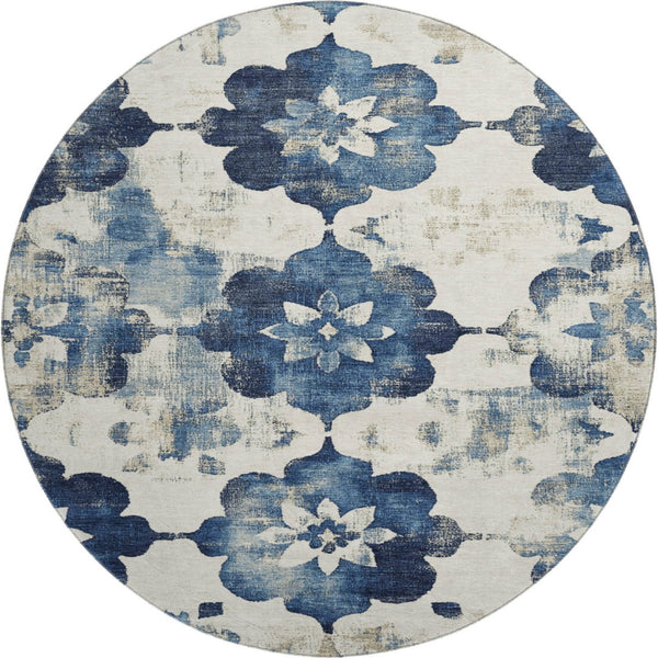 HomeRoots 8' Navy Blue Floral Round Washable Rug with UV Protection - Durable, Stain Resistant, Stylish Design 701602