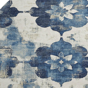 HomeRoots 8' Navy Blue Floral Round Washable Rug with UV Protection - Durable, Stain Resistant, Stylish Design 701602