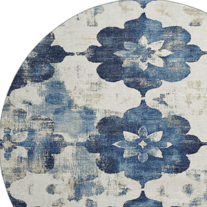 HomeRoots 8' Navy Blue Floral Round Washable Rug with UV Protection - Durable, Stain Resistant, Stylish Design 701602