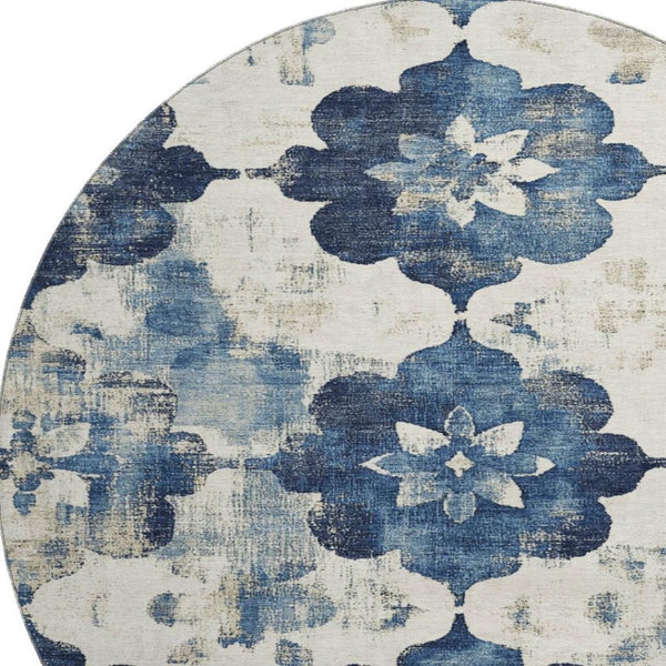 HomeRoots 8' Navy Blue Floral Round Washable Rug with UV Protection - Durable, Stain Resistant, Stylish Design 701602