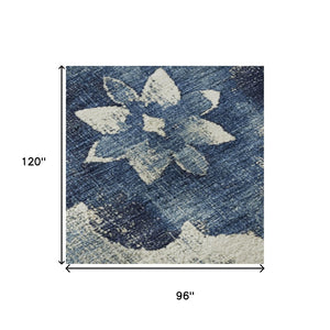 HomeRoots 8' X 10' Navy Blue & Ivory Floral Area Rug - Washable, Stain Resistant, UV Protected for Busy Homes 701603