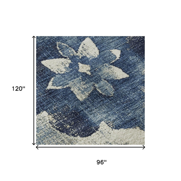 HomeRoots 8' X 10' Navy Blue & Ivory Floral Area Rug - Washable, Stain Resistant, UV Protected for Busy Homes 701603