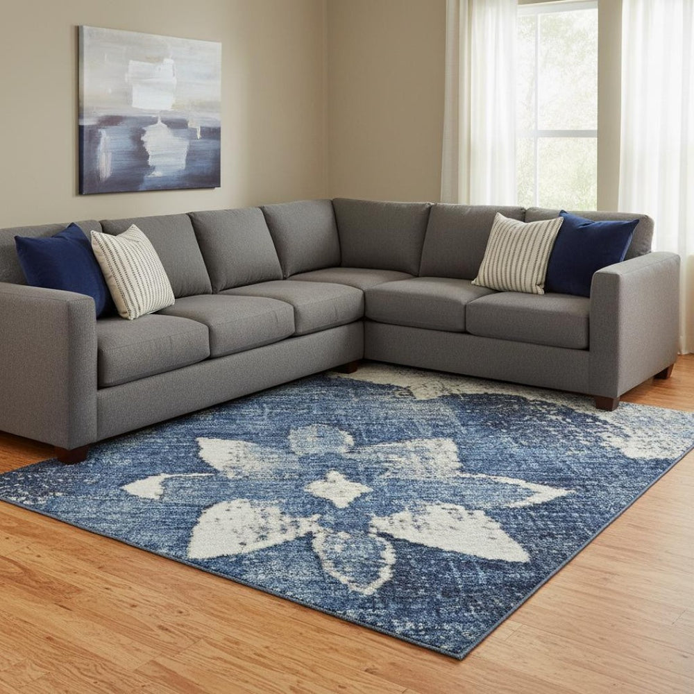 HomeRoots 8' X 10' Navy Blue & Ivory Floral Area Rug - Washable, Stain Resistant, UV Protected for Busy Homes 701603