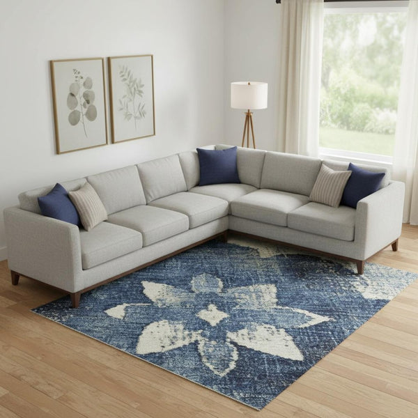 HomeRoots 9' X 12' Navy Blue and Ivory Floral Area Rug - Washable, UV Protected for Stylish, Easy Living 701604