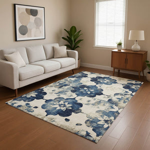 HomeRoots 10' Navy Blue and Ivory Floral Washable Area Rug with UV Protection for Stylish, Durable Living Spaces 701605