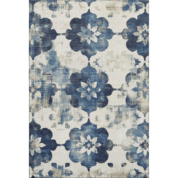HomeRoots 10' Navy Blue and Ivory Floral Washable Area Rug with UV Protection for Stylish, Durable Living Spaces 701605