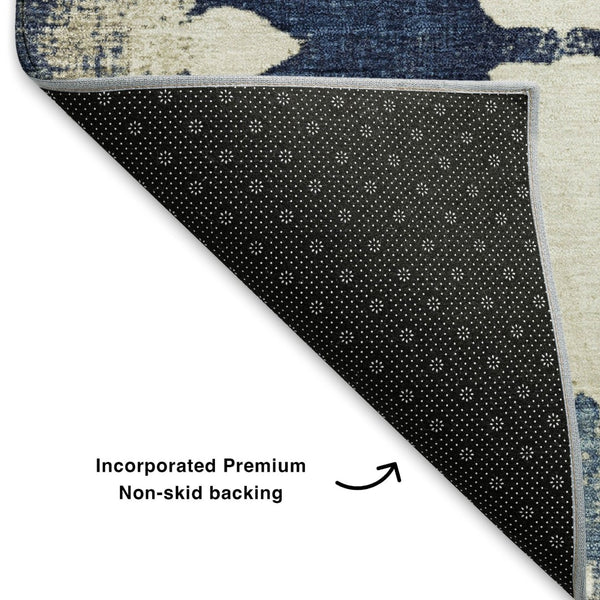 HomeRoots 10' Navy Blue and Ivory Floral Washable Area Rug with UV Protection for Stylish, Durable Living Spaces 701605