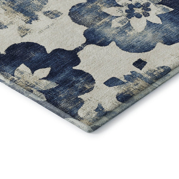 HomeRoots 10' Navy Blue and Ivory Floral Washable Area Rug with UV Protection for Stylish, Durable Living Spaces 701605