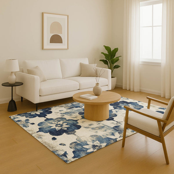 HomeRoots 10' Navy Blue and Ivory Floral Washable Area Rug with UV Protection for Stylish, Durable Living Spaces 701605