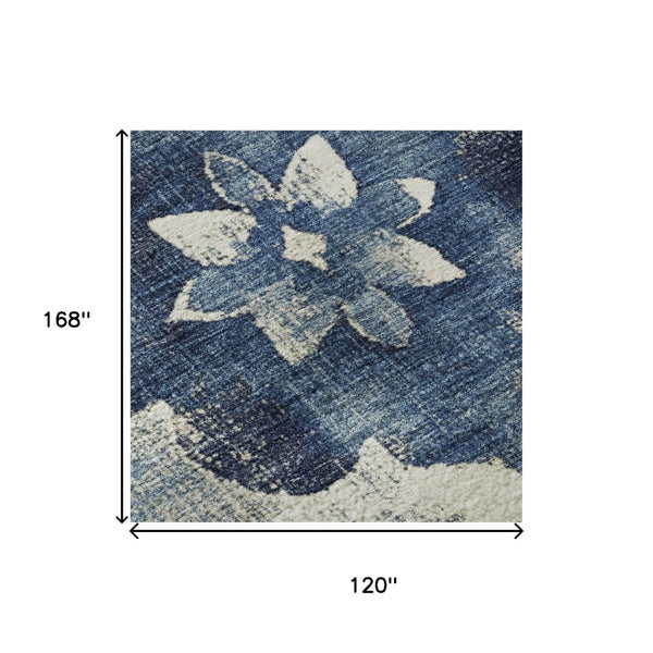HomeRoots 10' Navy Blue and Ivory Floral Washable Area Rug with UV Protection for Stylish, Durable Living Spaces 701605