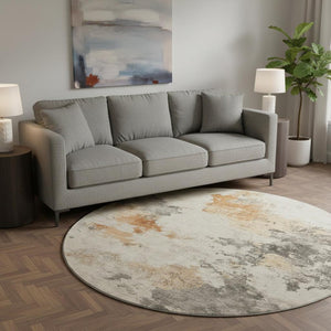 HomeRoots 8' Rust Gray and Ivory Abstract Round Rug - Washable, UV Protected, Stylish & Durable for Homes 701608