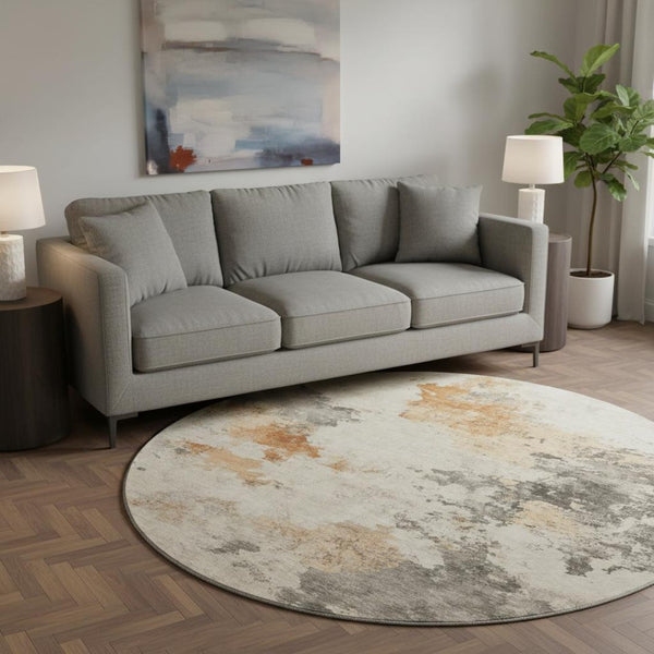 HomeRoots 8' Rust Gray and Ivory Abstract Round Rug - Washable, UV Protected, Stylish & Durable for Homes 701608