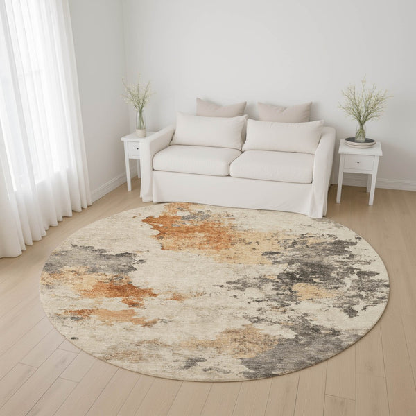 HomeRoots 8' Rust Gray and Ivory Abstract Round Rug - Washable, UV Protected, Stylish & Durable for Homes 701608