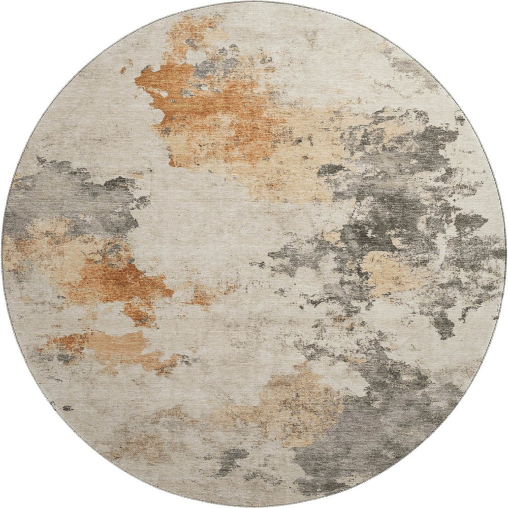 HomeRoots 8' Rust Gray and Ivory Abstract Round Rug - Washable, UV Protected, Stylish & Durable for Homes 701608