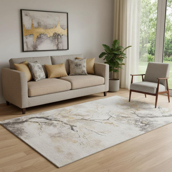 HomeRoots 5' X 8' Beige Gold Charcoal Floral Area Rug – Washable, UV-Protected, Stylish, Durable & Easy Care! 701613