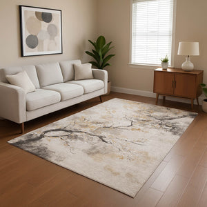HomeRoots 5' X 8' Beige Gold Charcoal Floral Area Rug – Washable, UV-Protected, Stylish, Durable & Easy Care! 701613