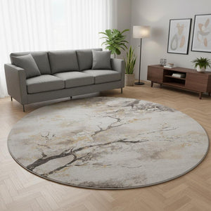 HomeRoots 8' Washable Round Rug in Beige, Gold & Charcoal Floral Design – UV Protected, Durable & Stylish! 701614