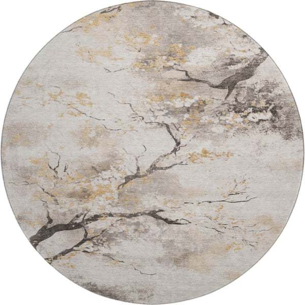 HomeRoots 8' Washable Round Rug in Beige, Gold & Charcoal Floral Design – UV Protected, Durable & Stylish! 701614