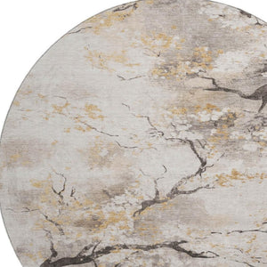 HomeRoots 8' Washable Round Rug in Beige, Gold & Charcoal Floral Design – UV Protected, Durable & Stylish! 701614