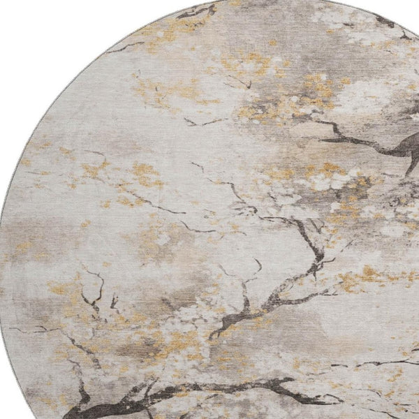 HomeRoots 8' Washable Round Rug in Beige, Gold & Charcoal Floral Design – UV Protected, Durable & Stylish! 701614