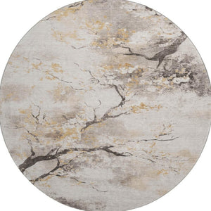 HomeRoots 8' Washable Round Rug in Beige, Gold & Charcoal Floral Design – UV Protected, Durable & Stylish! 701614
