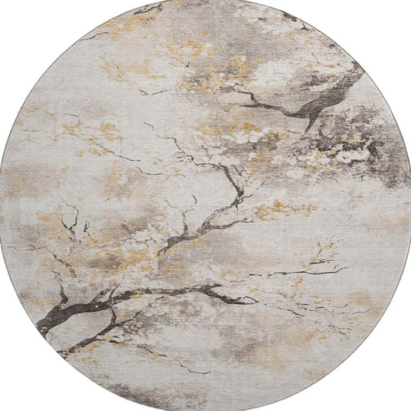 HomeRoots 8' Washable Round Rug in Beige, Gold & Charcoal Floral Design – UV Protected, Durable & Stylish! 701614
