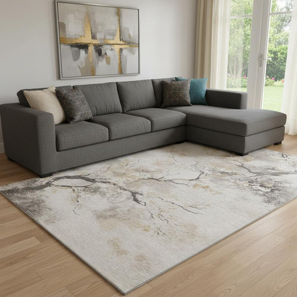 HomeRoots 8' X 10' Beige Gold & Charcoal Floral Area Rug - Washable, Stain-Resistant & UV Protected for Homes 701615