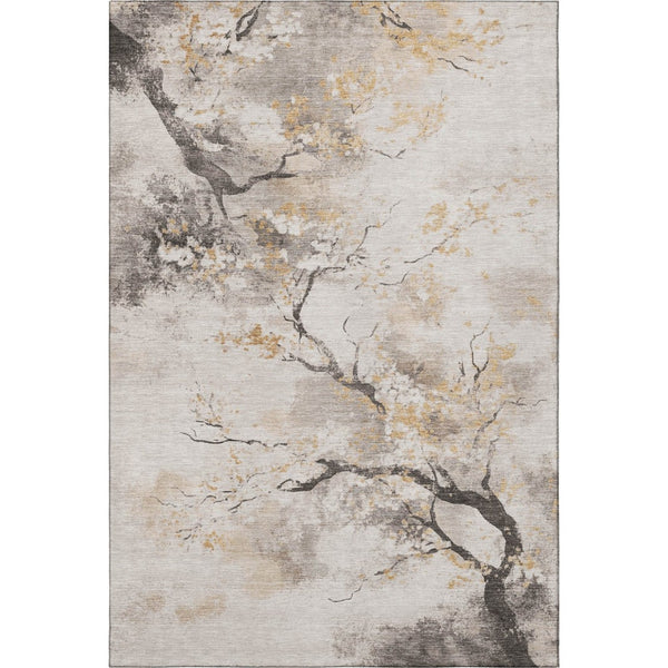 HomeRoots 8' X 10' Beige Gold & Charcoal Floral Area Rug - Washable, Stain-Resistant & UV Protected for Homes 701615