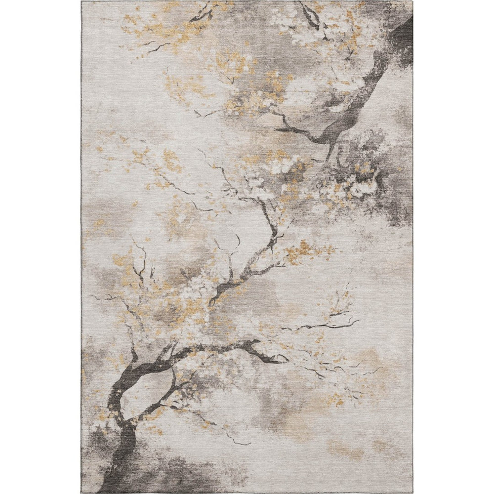HomeRoots 9' X 12' Stylish Beige Gold Charcoal Floral Washable Area Rug with UV Protection for High Traffic Areas 701616