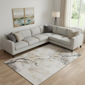 HomeRoots 10' Stylish Beige Gold Charcoal Floral Area Rug - Washable, UV Protected, Non-Slip & Durable Design 701617