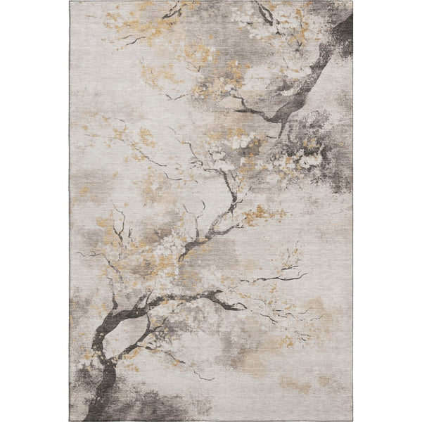 HomeRoots 10' Stylish Beige Gold Charcoal Floral Area Rug - Washable, UV Protected, Non-Slip & Durable Design 701617