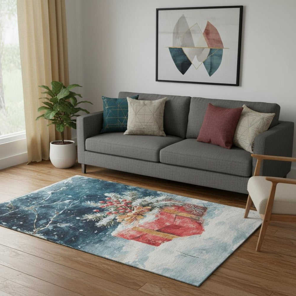 HomeRoots 5' X 8' Geometric Area Rug in Blue, Red & Ivory - Washable, UV-Protected, Durable & Stylish Decor! 701619