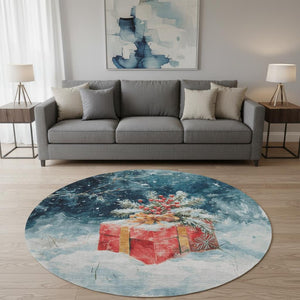HomeRoots 8' Stylish Blue, Red & Ivory Geometric Round Rug - Washable, UV Protected, Non-Slip for Family Spaces 701620