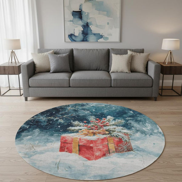 HomeRoots 8' Stylish Blue, Red & Ivory Geometric Round Rug - Washable, UV Protected, Non-Slip for Family Spaces 701620