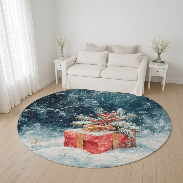 HomeRoots 8' Stylish Blue, Red & Ivory Geometric Round Rug - Washable, UV Protected, Non-Slip for Family Spaces 701620