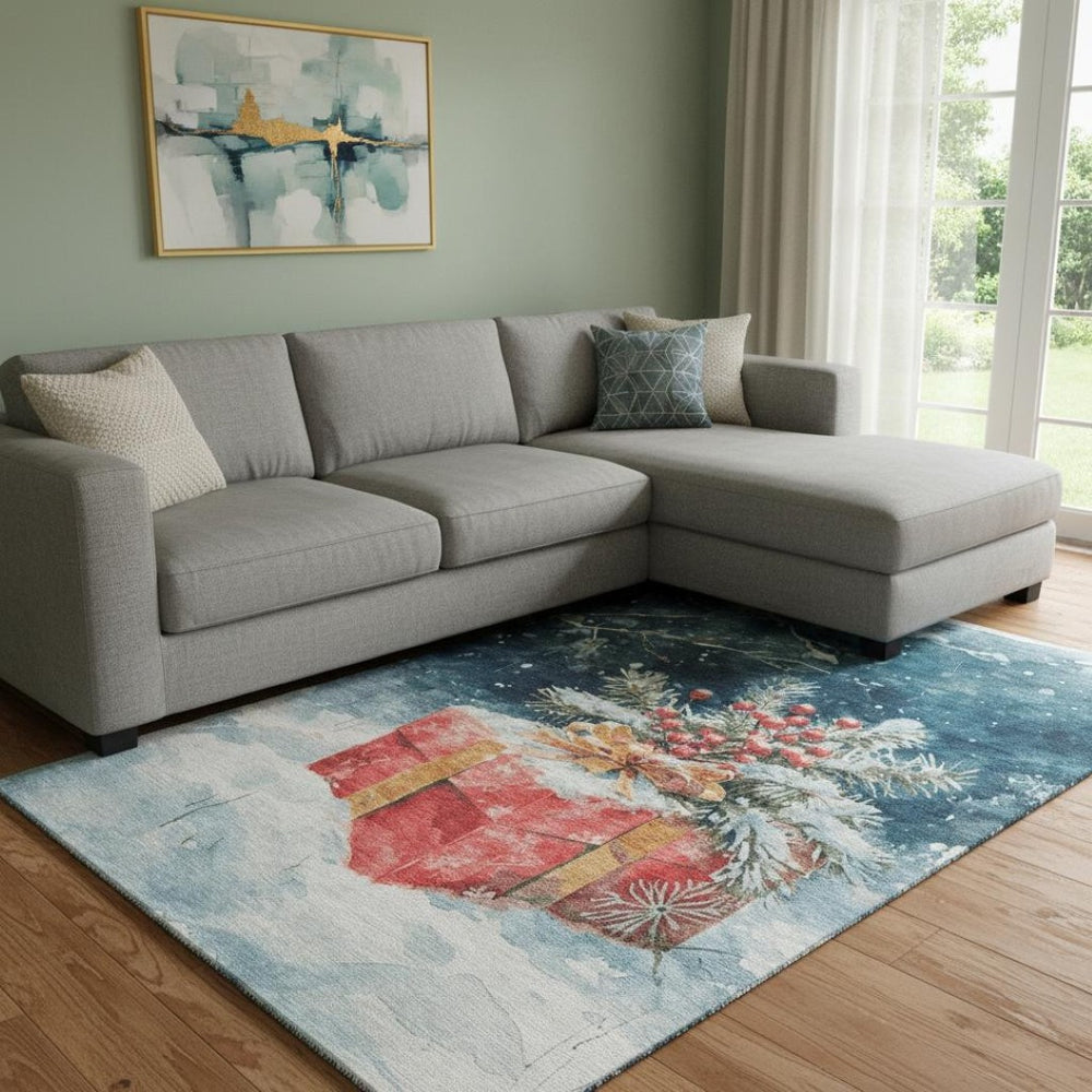 HomeRoots 8' X 10' Stylish Blue Red Ivory Geometric Area Rug - Washable, UV Protected, Perfect for Modern Homes 701621