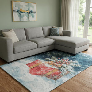 HomeRoots 8' X 10' Stylish Blue Red Ivory Geometric Area Rug - Washable, UV Protected, Perfect for Modern Homes 701621
