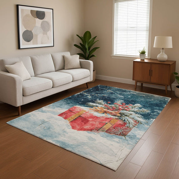 HomeRoots 8' X 10' Stylish Blue Red Ivory Geometric Area Rug - Washable, UV Protected, Perfect for Modern Homes 701621
