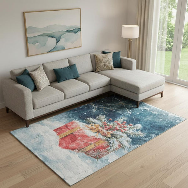HomeRoots 9' X 12' Geometric Washable Area Rug in Bold Blue, Red & Ivory - Stain Resistant & UV Protected! 701622